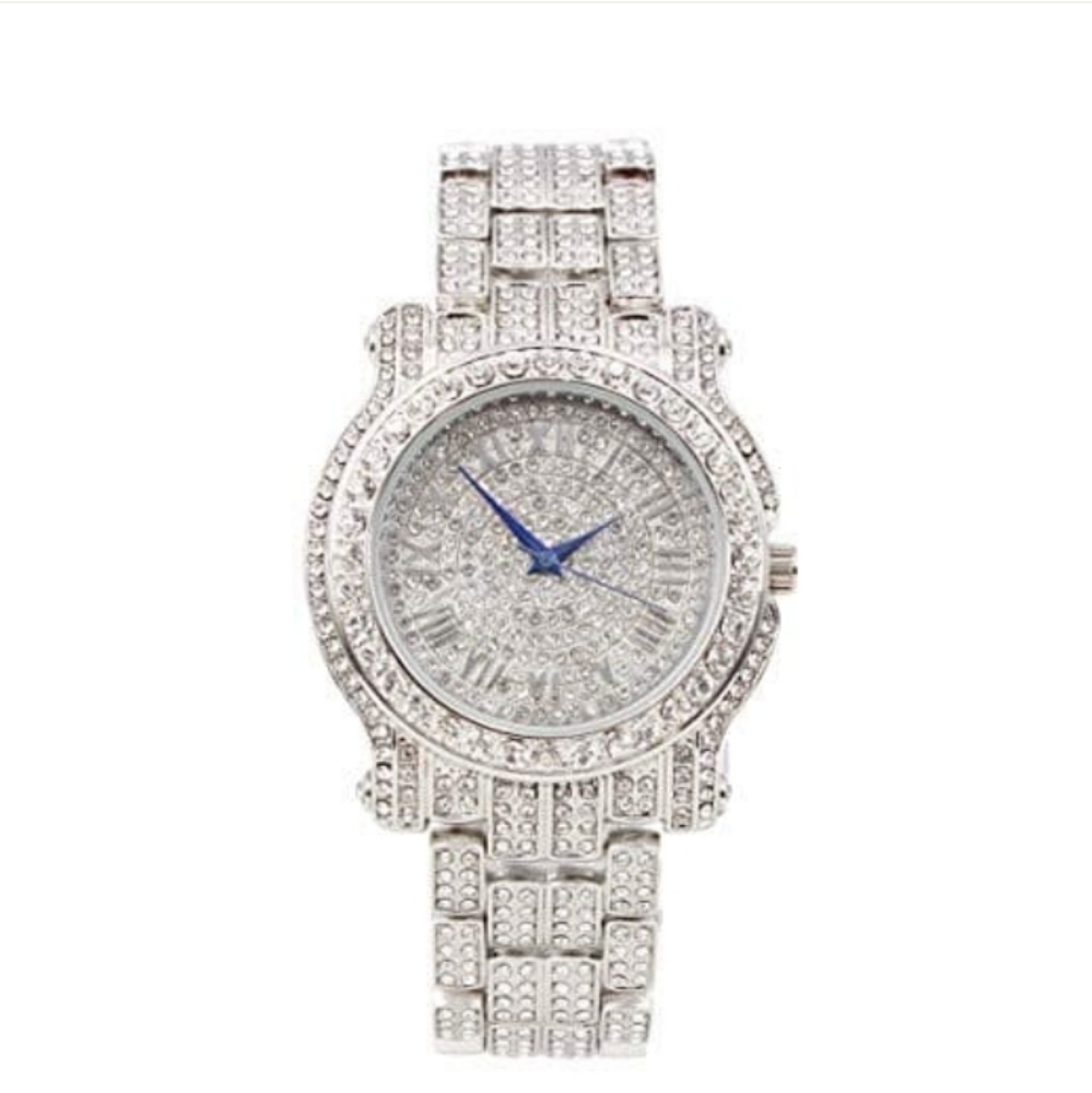 NWOT Silver Bling-ed Out Round Luxury Mens Watch